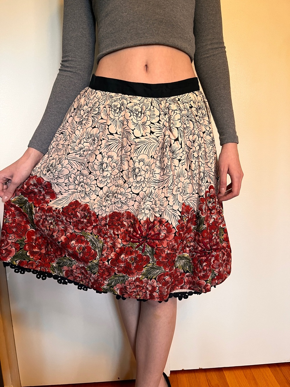Boho Floral Border Red and Cream A-Line Skirt edme & esyllte